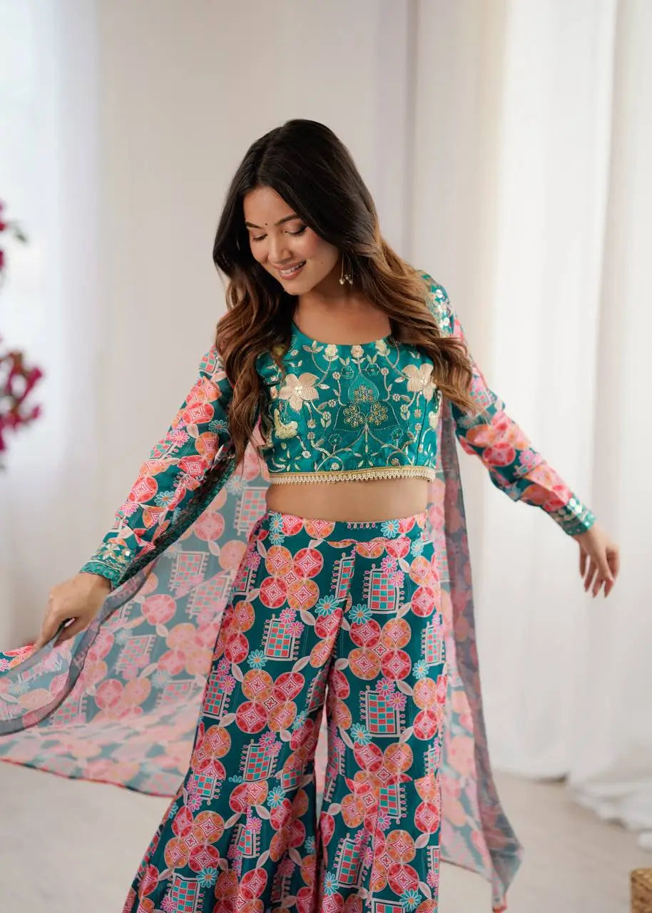 Indo Western Muslin Digital Print Embroidered Koti Sharara Set