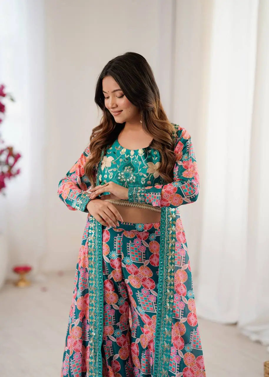 Indo Western Muslin Digital Print Embroidered Koti Sharara Set