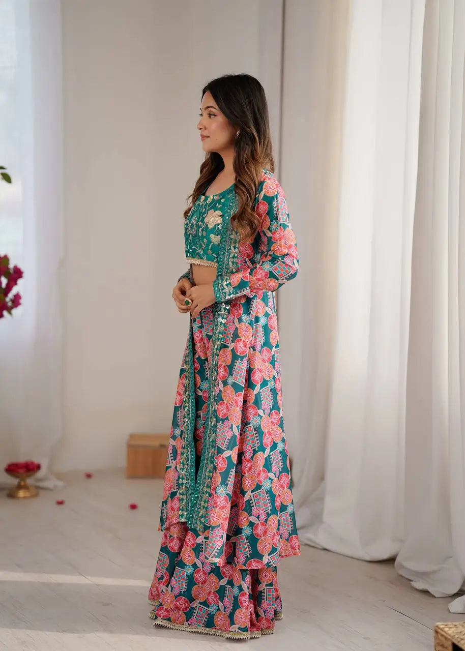 Indo Western Muslin Digital Print Embroidered Koti Sharara Set