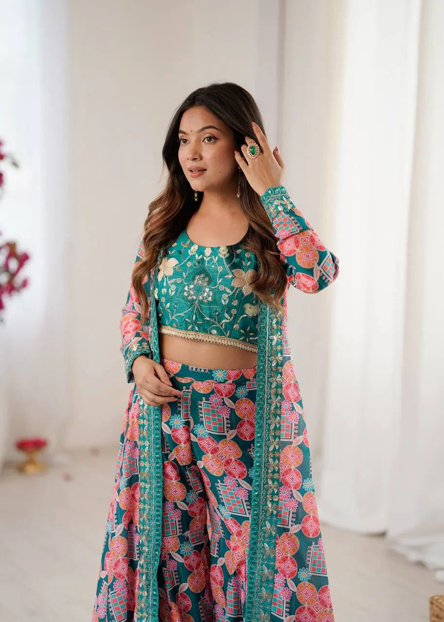 Indo Western Muslin Digital Print Embroidered Koti Sharara Set