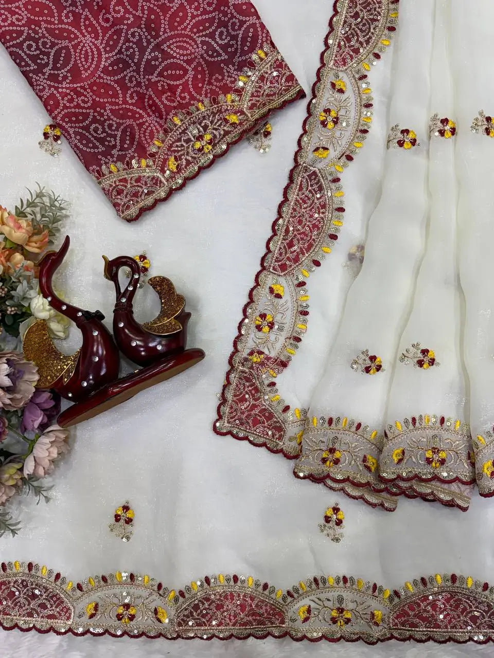 Ivory Applique Scallop Saree