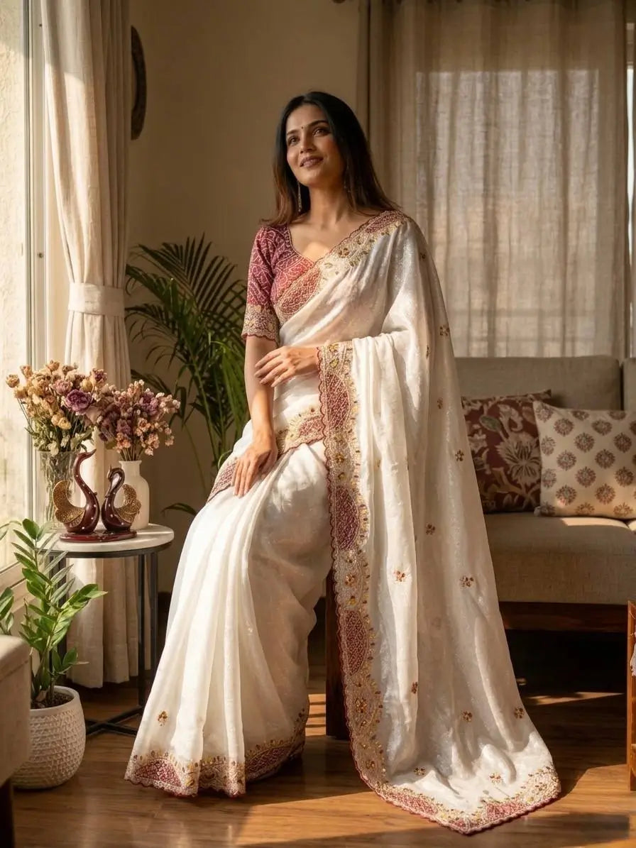 Ivory Applique Scallop Saree