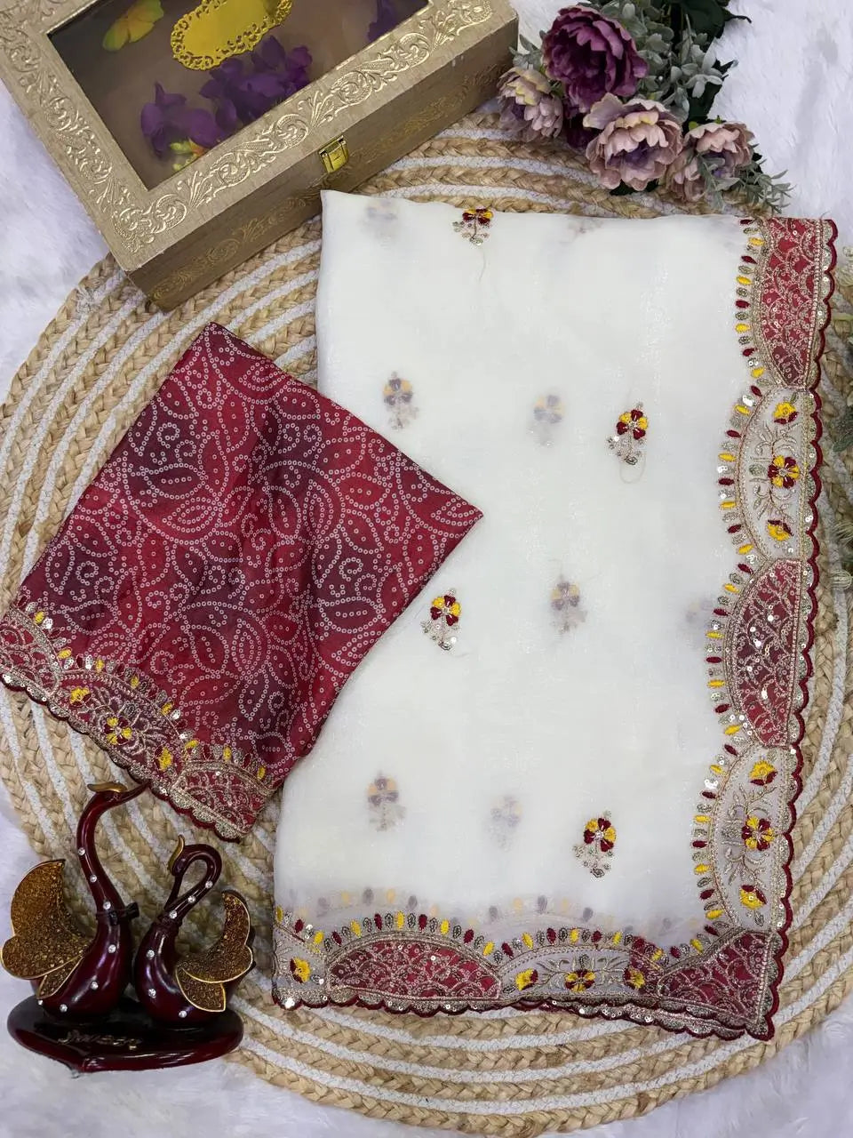 Ivory Applique Scallop Saree