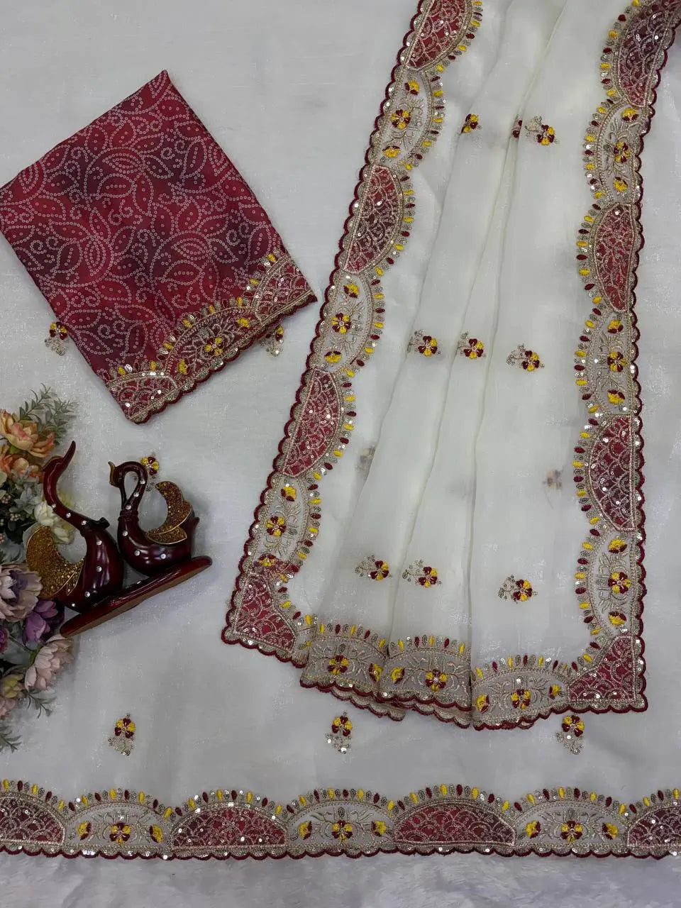 Ivory Applique Scallop Saree