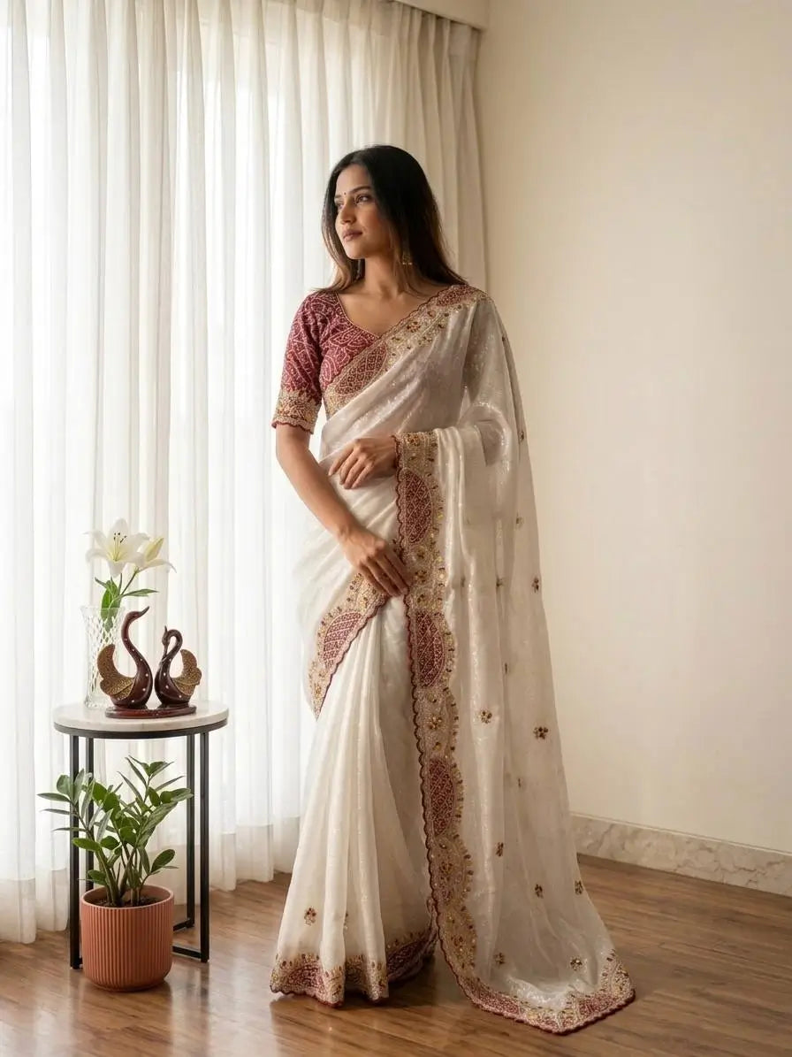 Ivory Applique Scallop Saree