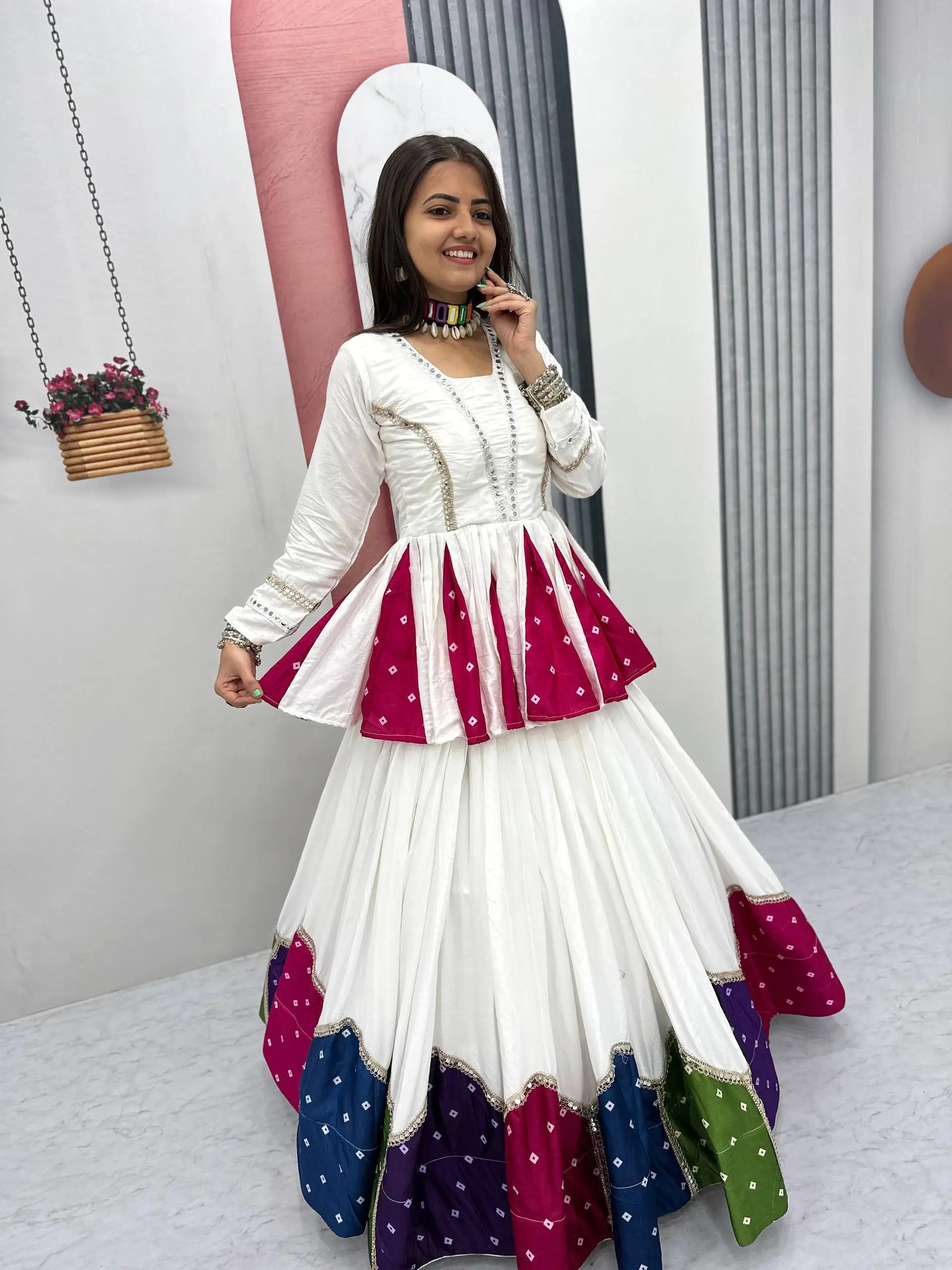 Ivory Bandhani Kediyu Lehenga