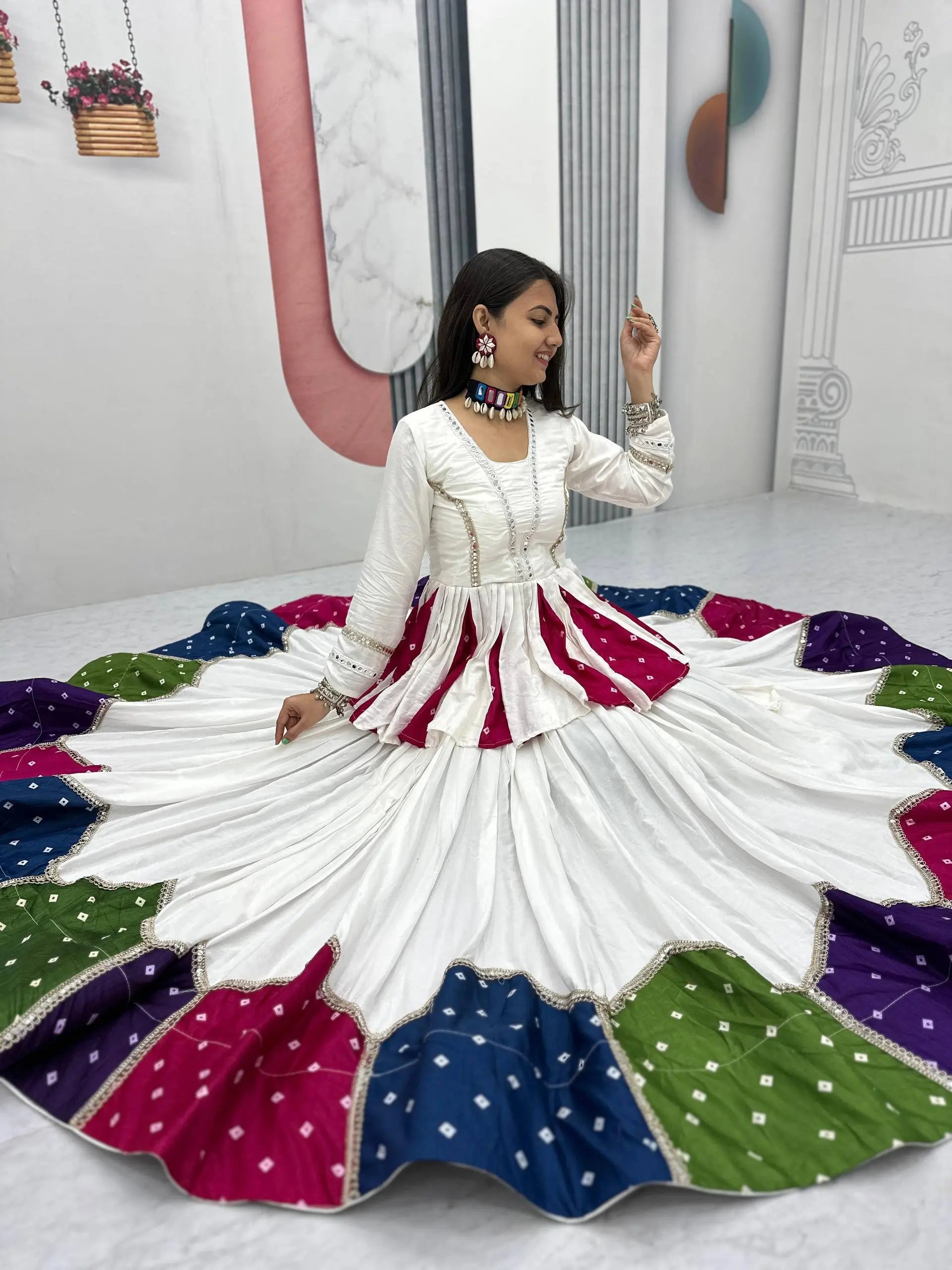 Ivory Bandhani Kediyu Lehenga