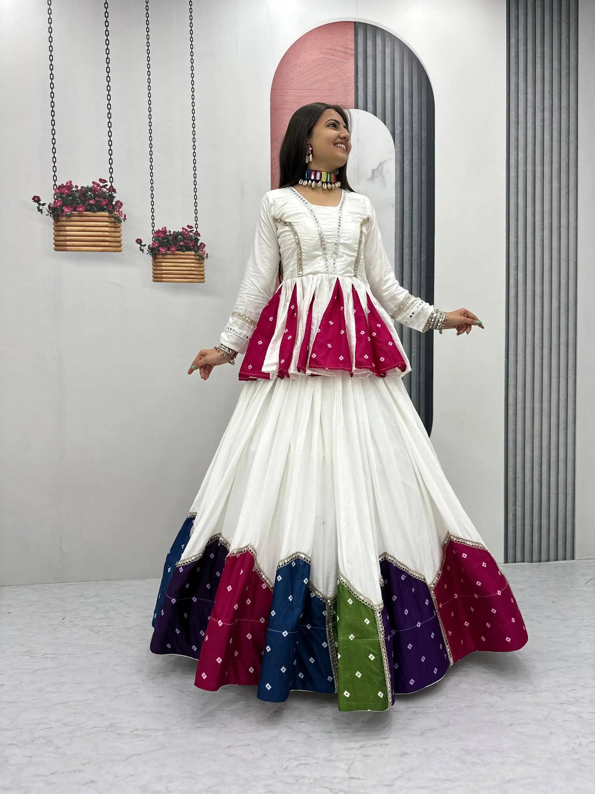 Ivory Bandhani Kediyu Lehenga