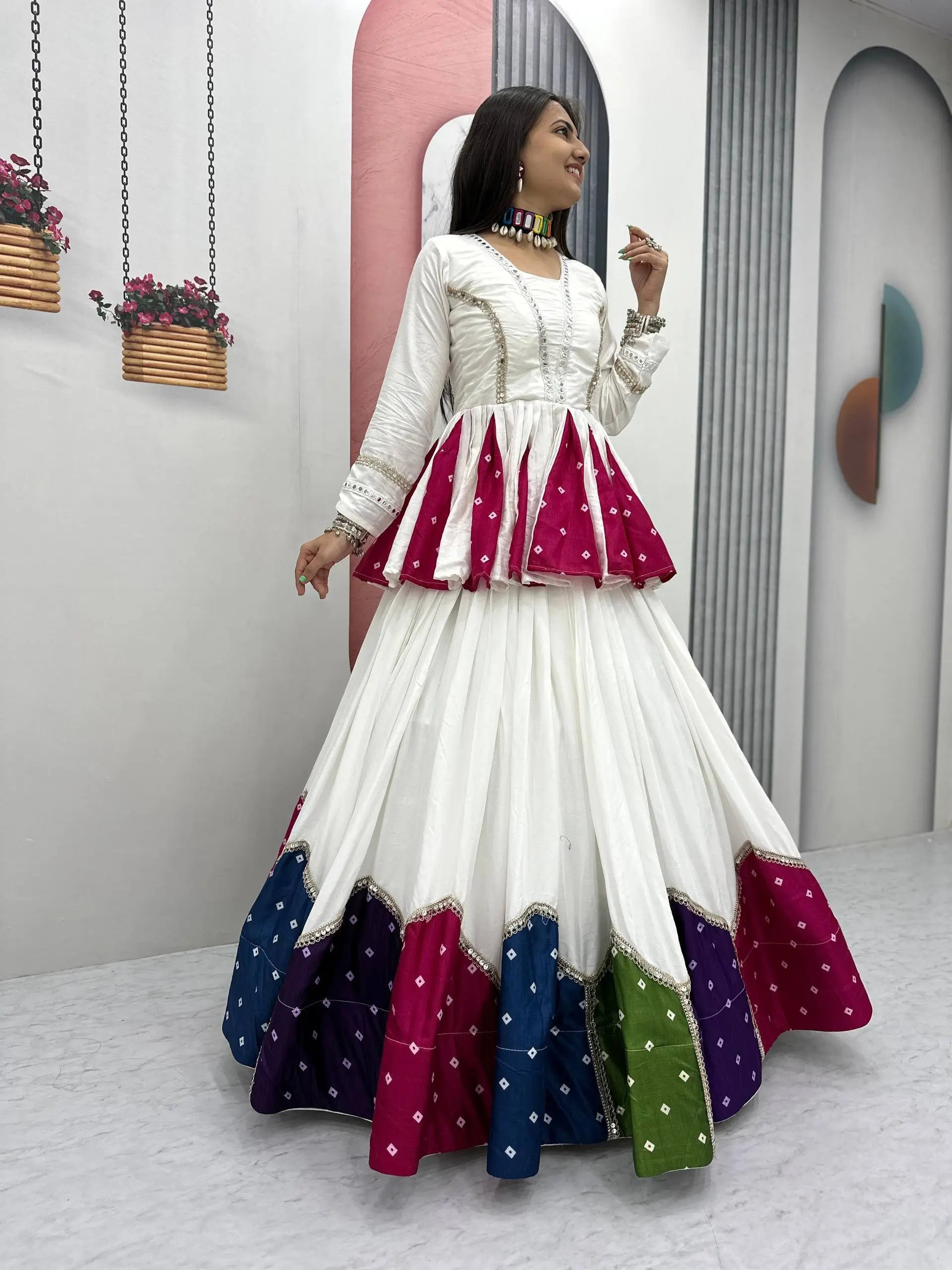 Ivory Bandhani Kediyu Lehenga