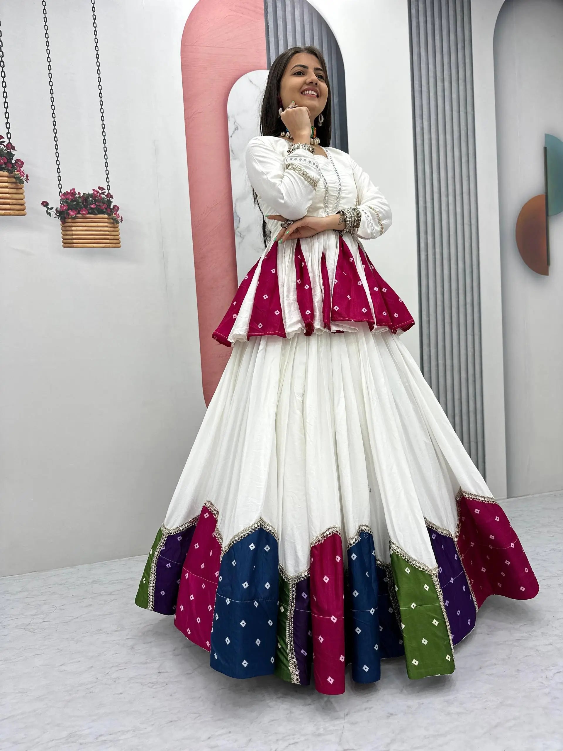 Ivory Bandhani Kediyu Lehenga