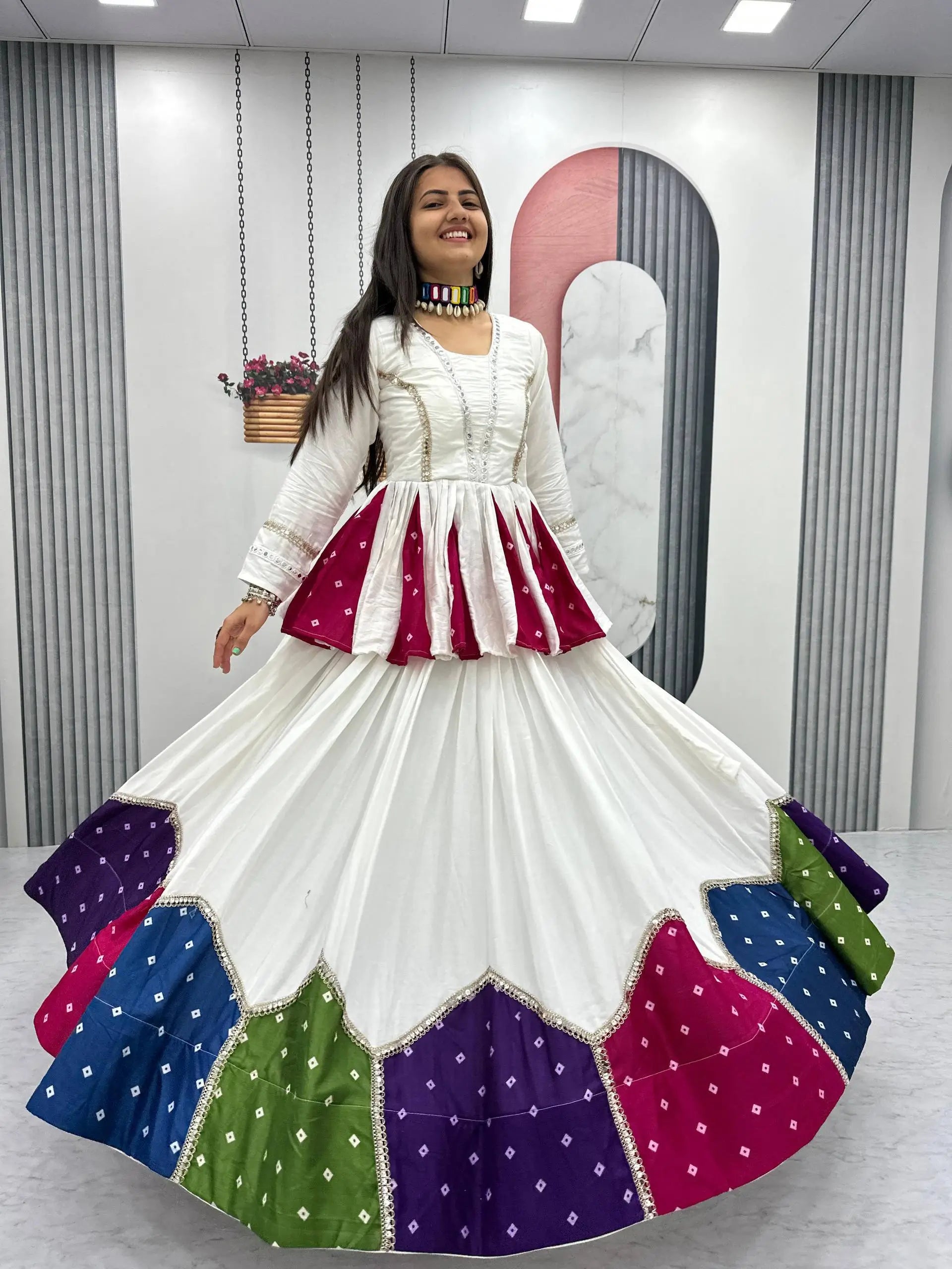 Ivory Bandhani Kediyu Lehenga