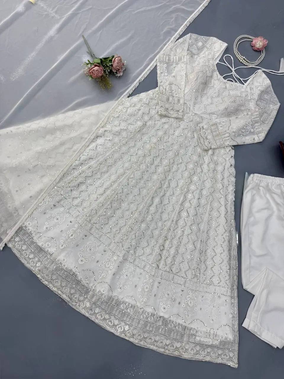 Ivory Chikankari Sequin Anarkali Set