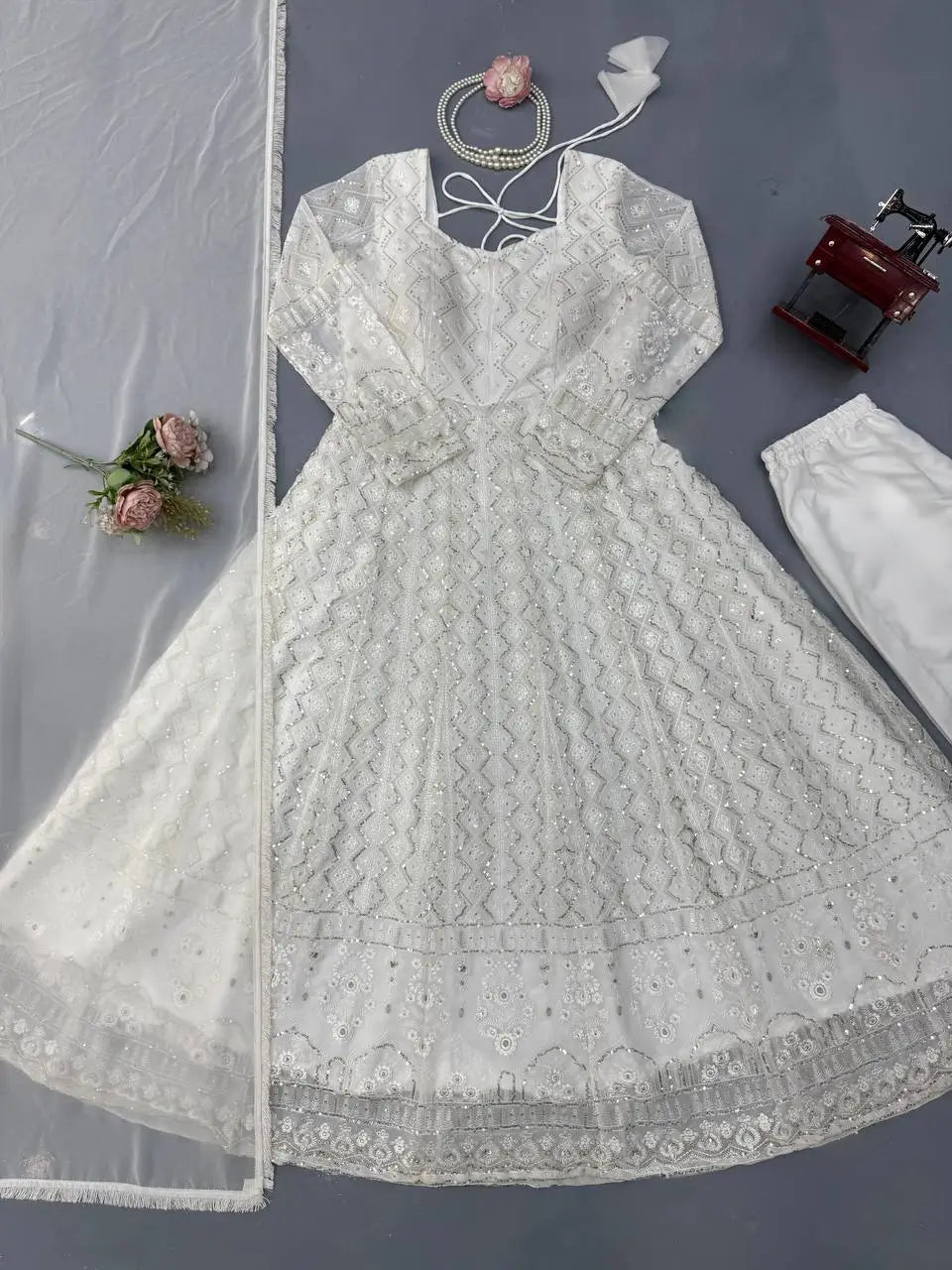 Ivory Chikankari Sequin Anarkali Set