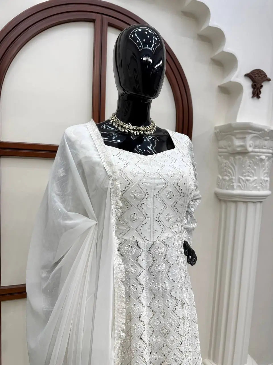 Ivory Chikankari Sequin Anarkali Set