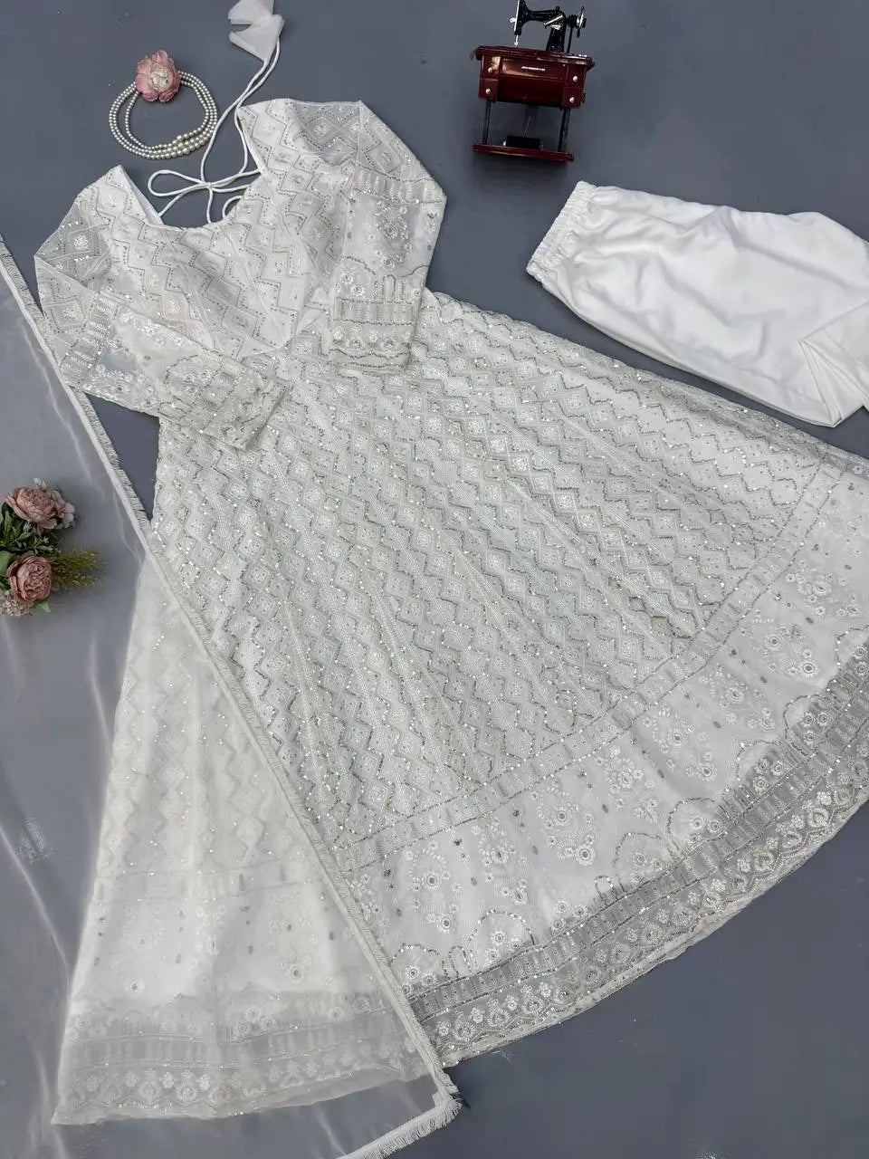 Ivory Chikankari Sequin Anarkali Set