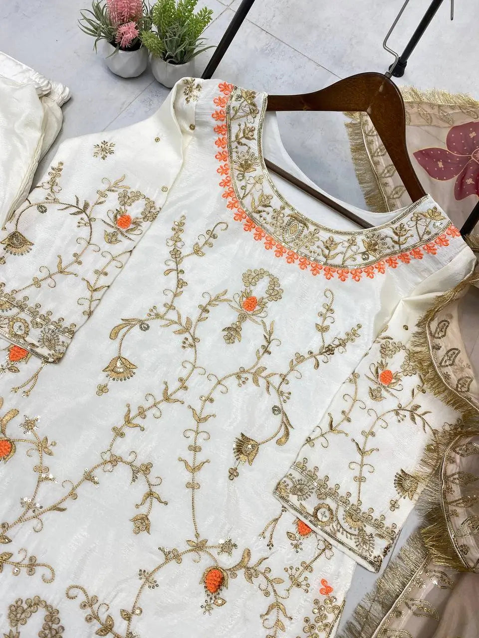 Ivory Chinon Embroidered Suit Set with Palazzo & Digital Print Organza Dupatta