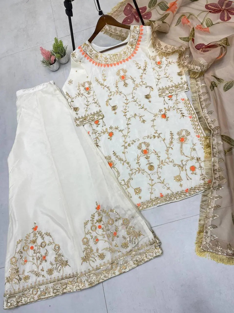 Ivory Chinon Embroidered Suit Set with Palazzo & Digital Print Organza Dupatta