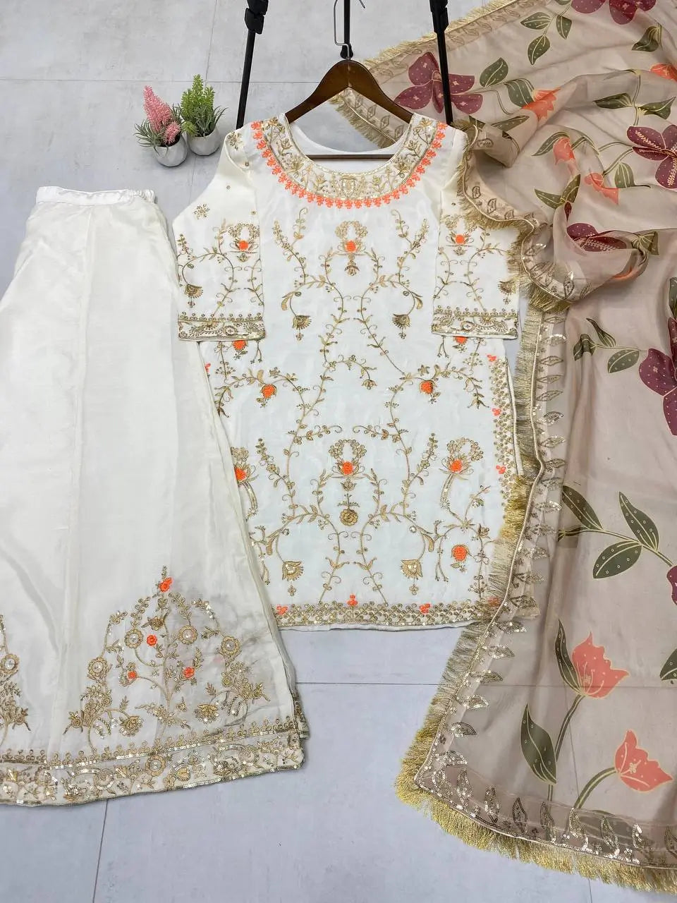 Ivory Chinon Embroidered Suit Set with Palazzo & Digital Print Organza Dupatta