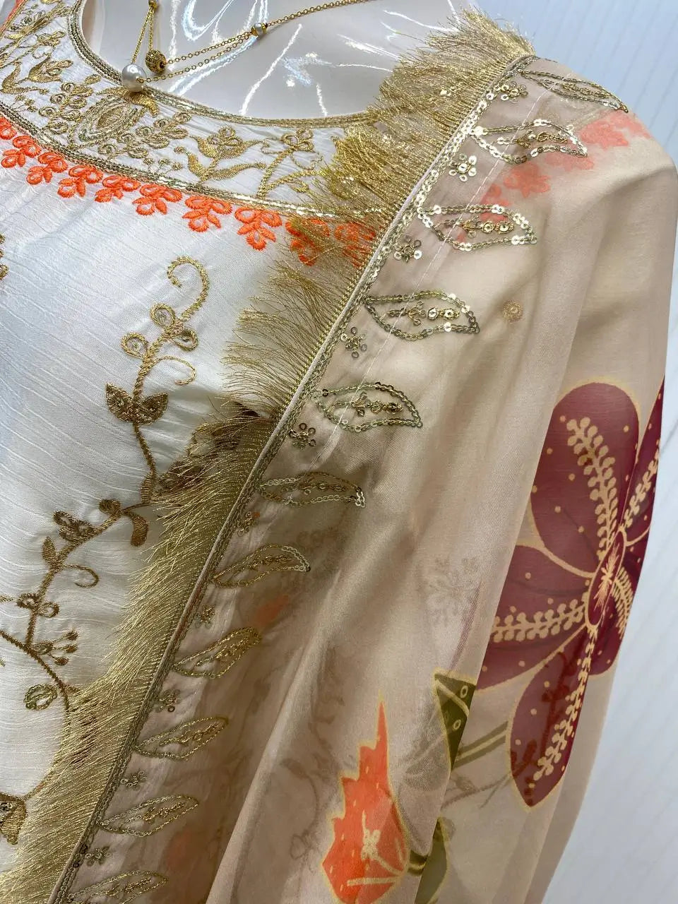 Ivory Chinon Embroidered Suit Set with Palazzo & Digital Print Organza Dupatta