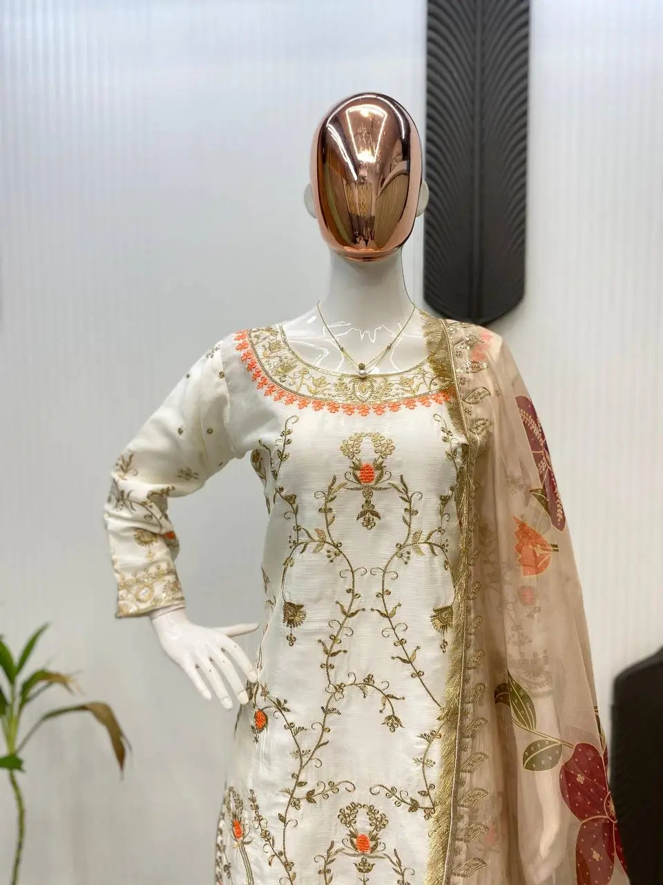 Ivory Chinon Embroidered Suit Set with Palazzo & Digital Print Organza Dupatta