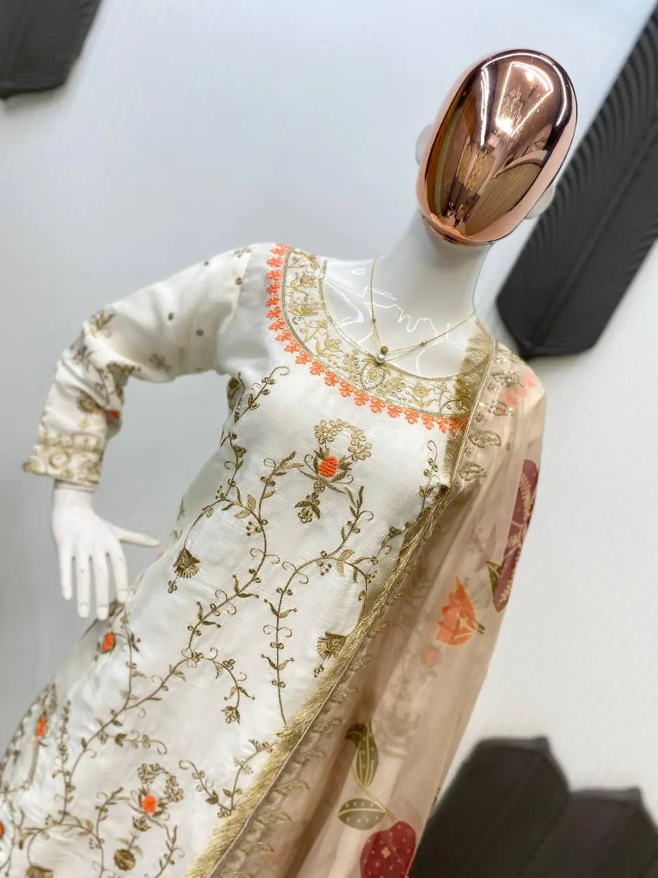 Ivory Chinon Embroidered Suit Set with Palazzo & Digital Print Organza Dupatta