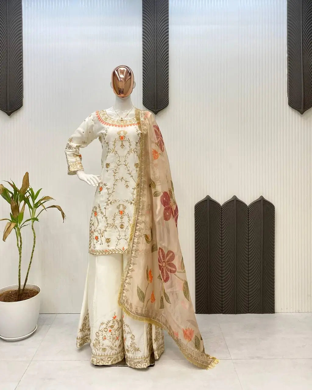 Ivory Chinon Embroidered Suit Set with Palazzo & Digital Print Organza Dupatta