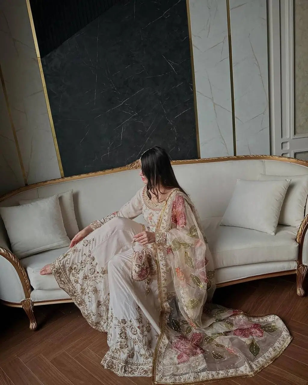 Ivory Chinon Embroidered Suit Set with Palazzo & Digital Print Organza Dupatta
