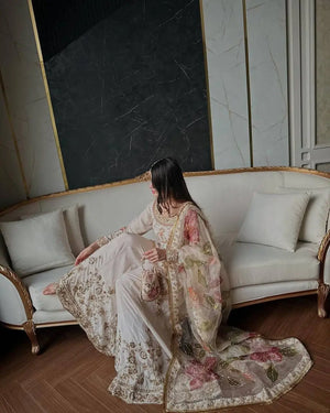 Ivory Chinon Embroidered Suit Set with Palazzo & Digital Print Organza Dupatta