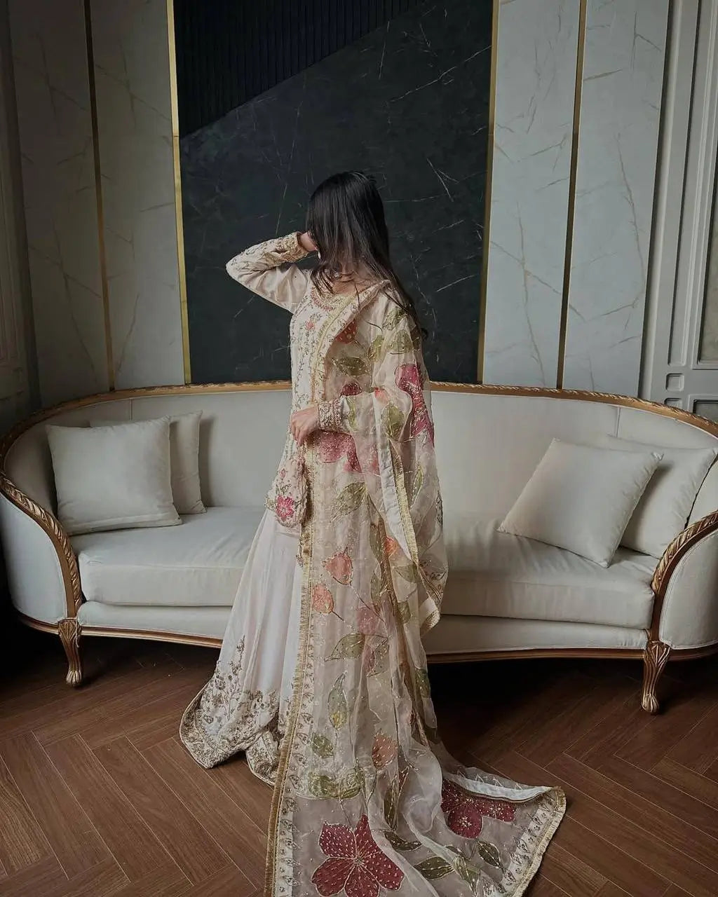 Ivory Chinon Embroidered Suit Set with Palazzo & Digital Print Organza Dupatta
