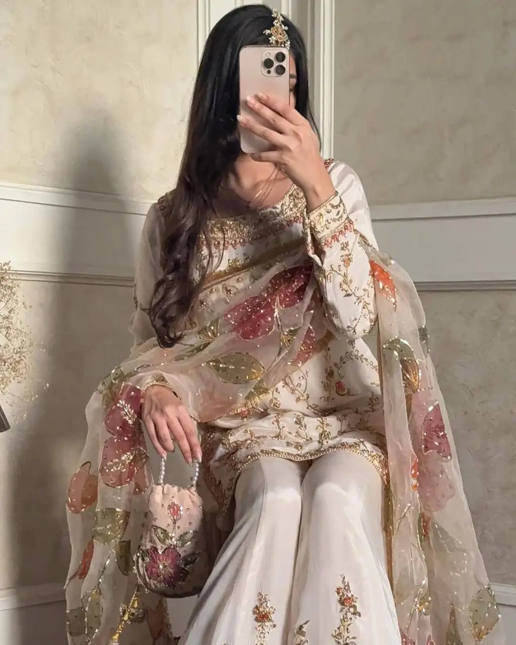 Ivory Chinon Embroidered Suit Set with Palazzo & Digital Print Organza Dupatta