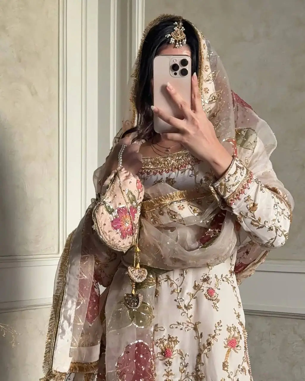 Ivory Chinon Embroidered Suit Set with Palazzo & Digital Print Organza Dupatta
