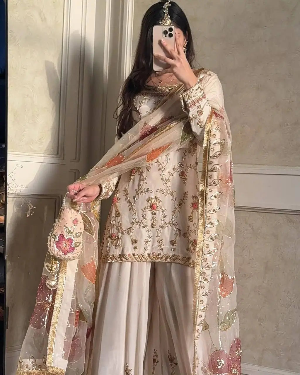 Ivory Chinon Embroidered Suit Set with Palazzo & Digital Print Organza Dupatta