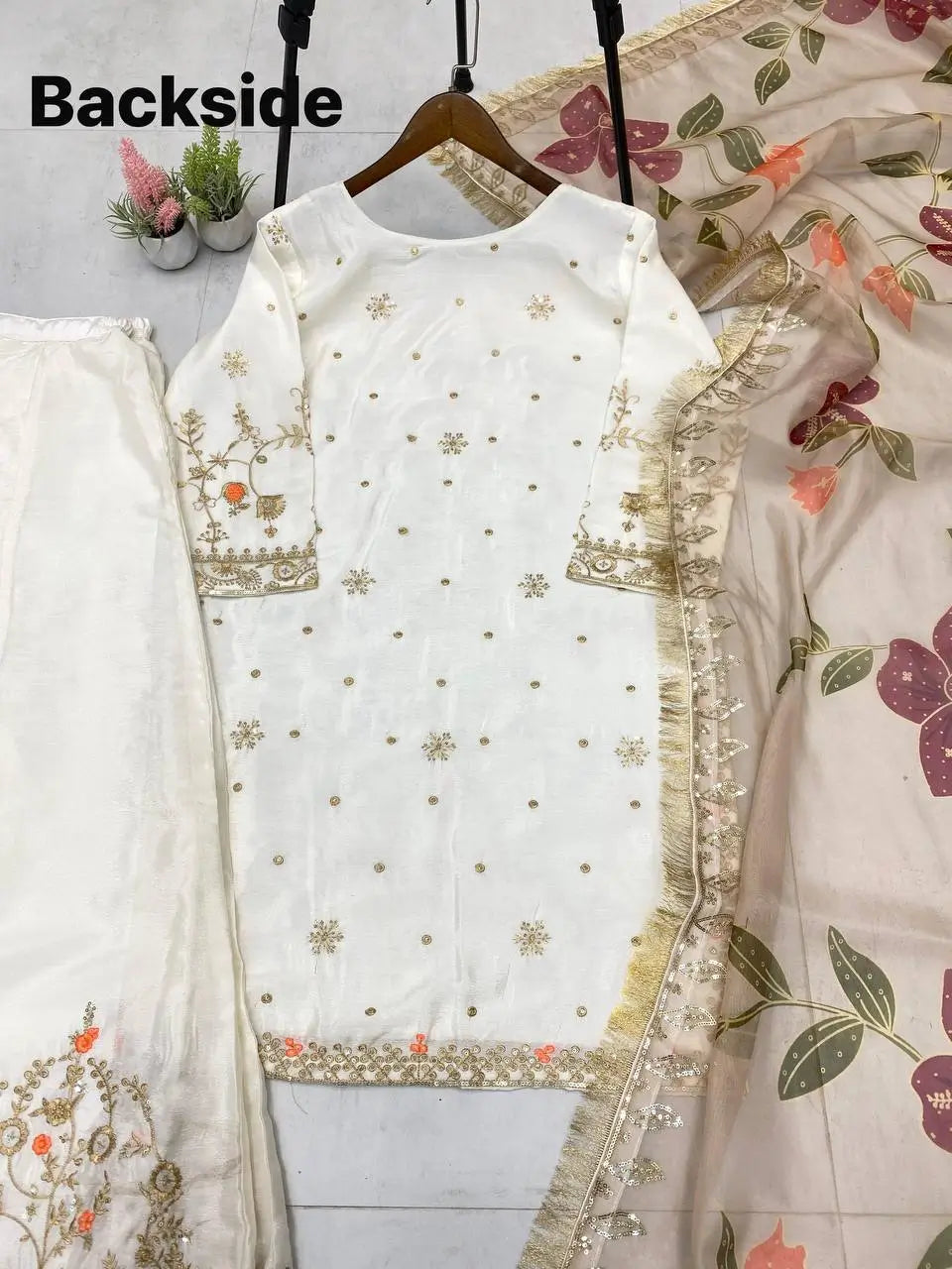 Ivory Chinon Embroidered Suit Set with Palazzo & Digital Print Organza Dupatta