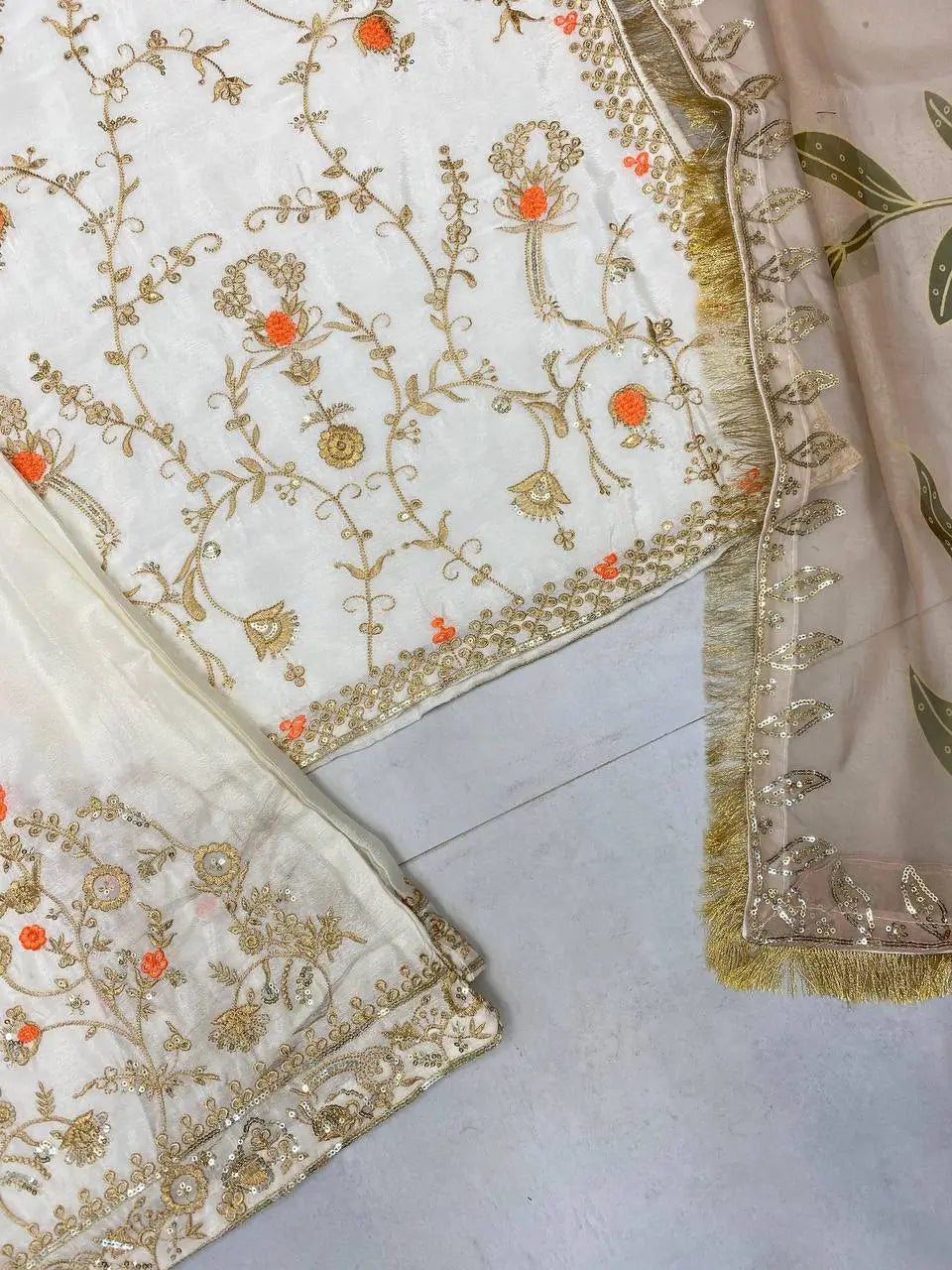 Ivory Chinon Embroidered Suit Set with Palazzo & Digital Print Organza Dupatta