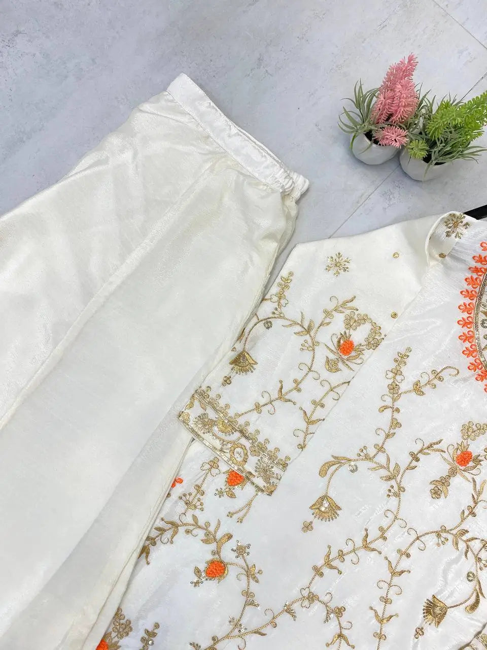 Ivory Chinon Embroidered Suit Set with Palazzo & Digital Print Organza Dupatta