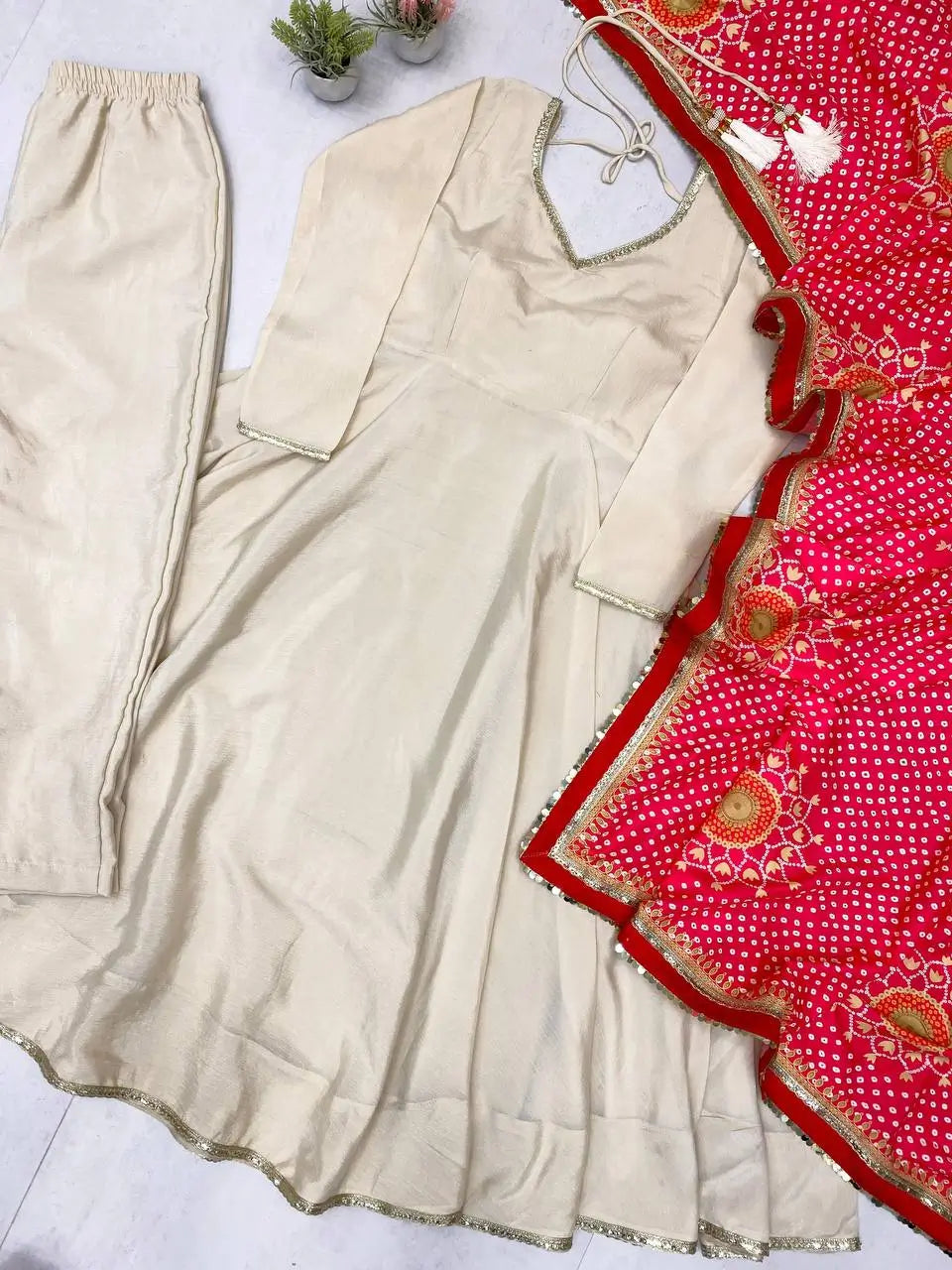 Ivory Chinon Kurti Pant Set with Printed Dupatta