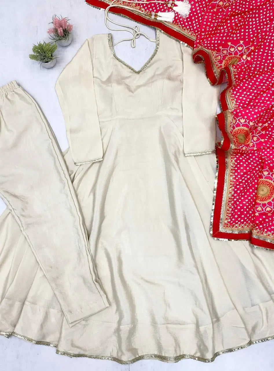 Ivory Chinon Kurti Pant Set with Printed Dupatta