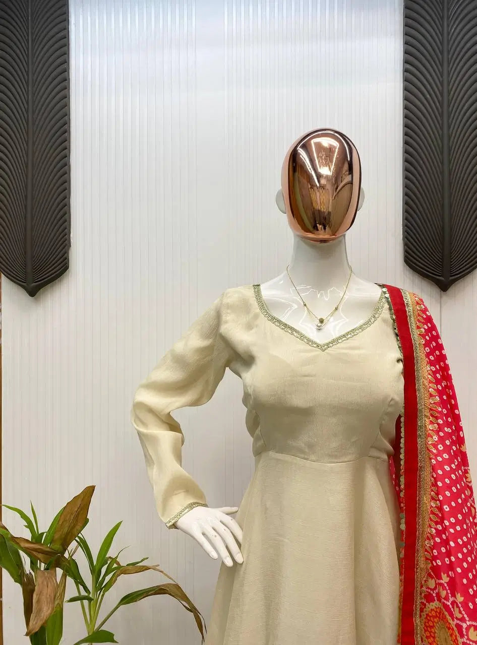 Ivory Chinon Kurti Pant Set with Printed Dupatta