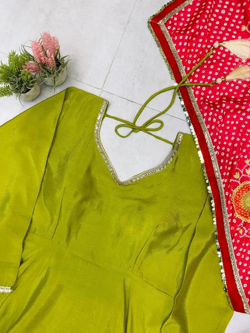 Ivory Chinon Kurti Pant Set with Printed Dupatta