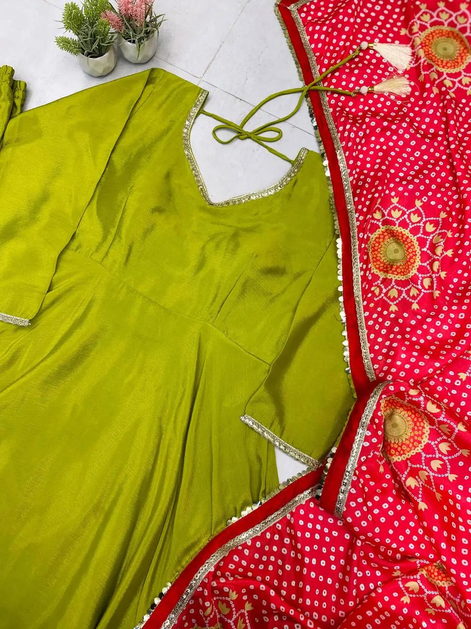 Ivory Chinon Kurti Pant Set with Printed Dupatta