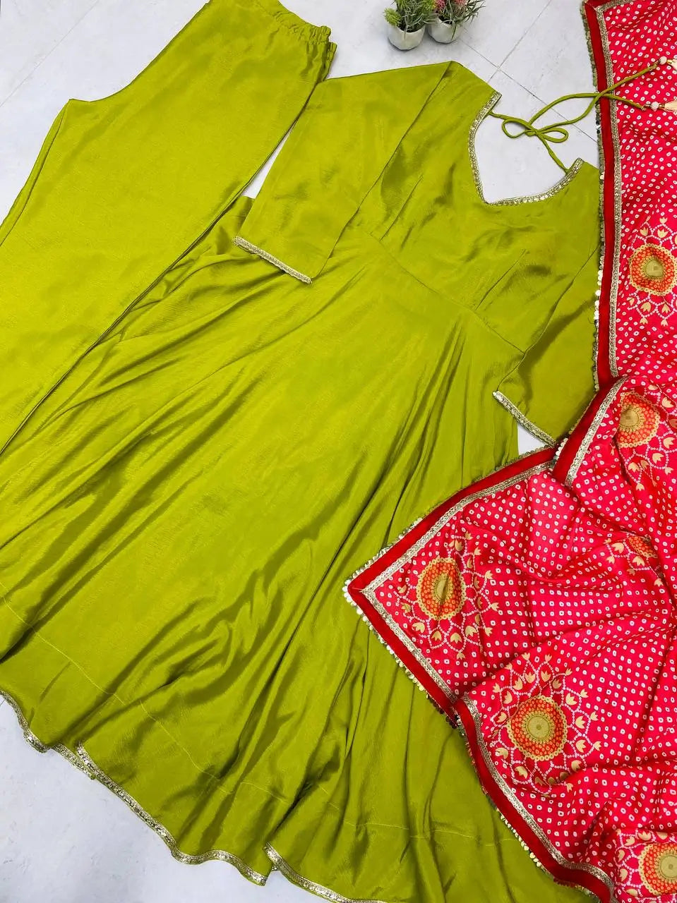 Ivory Chinon Kurti Pant Set with Printed Dupatta