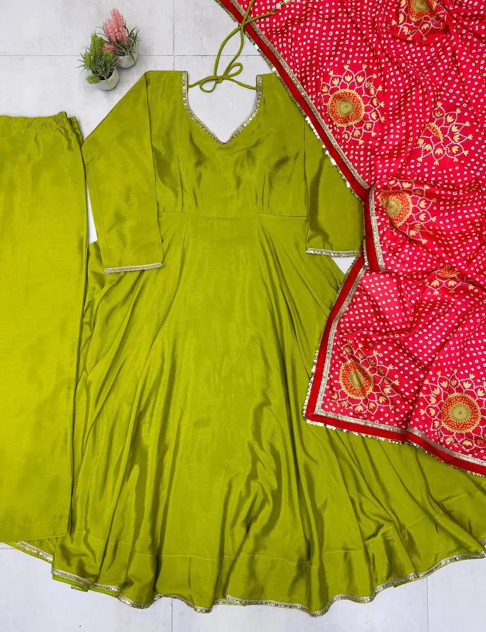 Ivory Chinon Kurti Pant Set with Printed Dupatta
