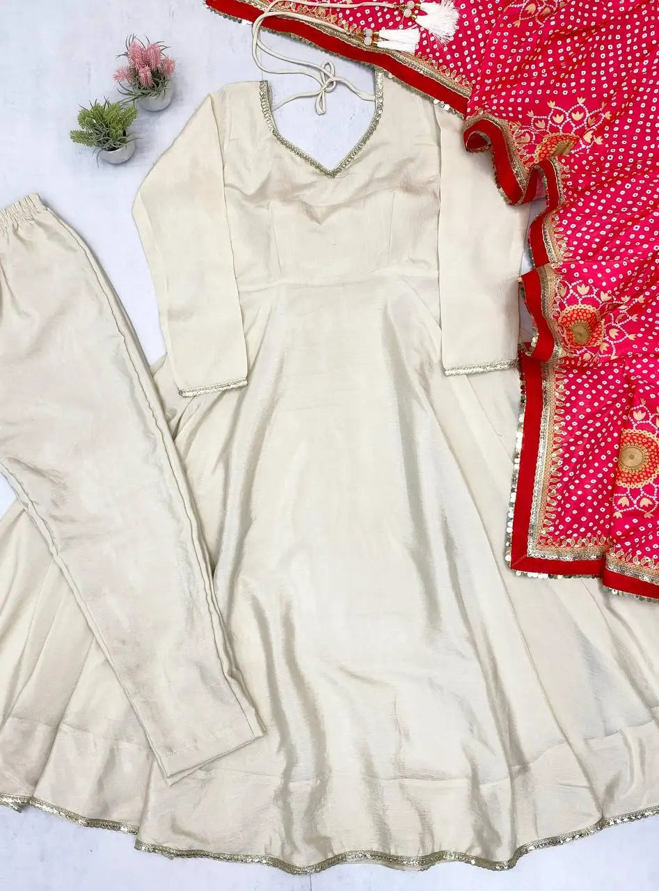 Ivory Chinon Kurti Pant Set with Printed Dupatta