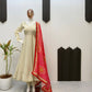 Ivory Chinon Kurti Pant Set with Printed Dupatta