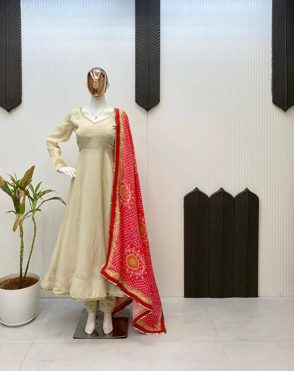 Ivory Chinon Kurti Pant Set with Printed Dupatta
