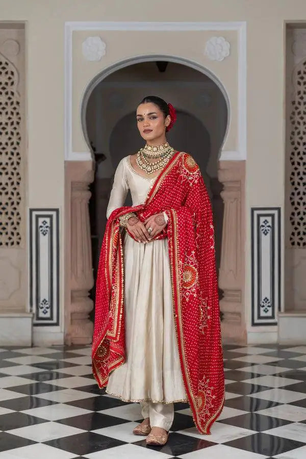 Ivory Chinon Kurti Pant Set with Printed Dupatta