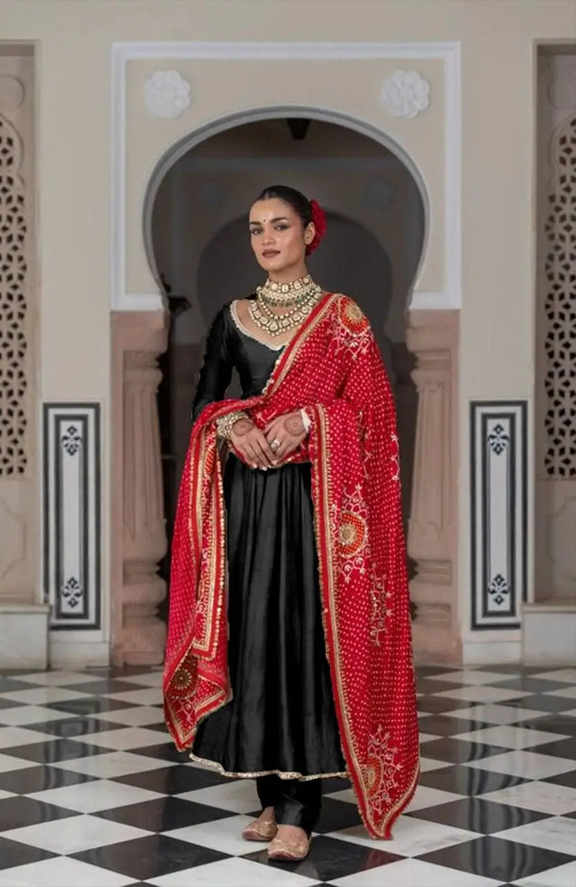 Ivory Chinon Kurti Pant Set with Printed Dupatta