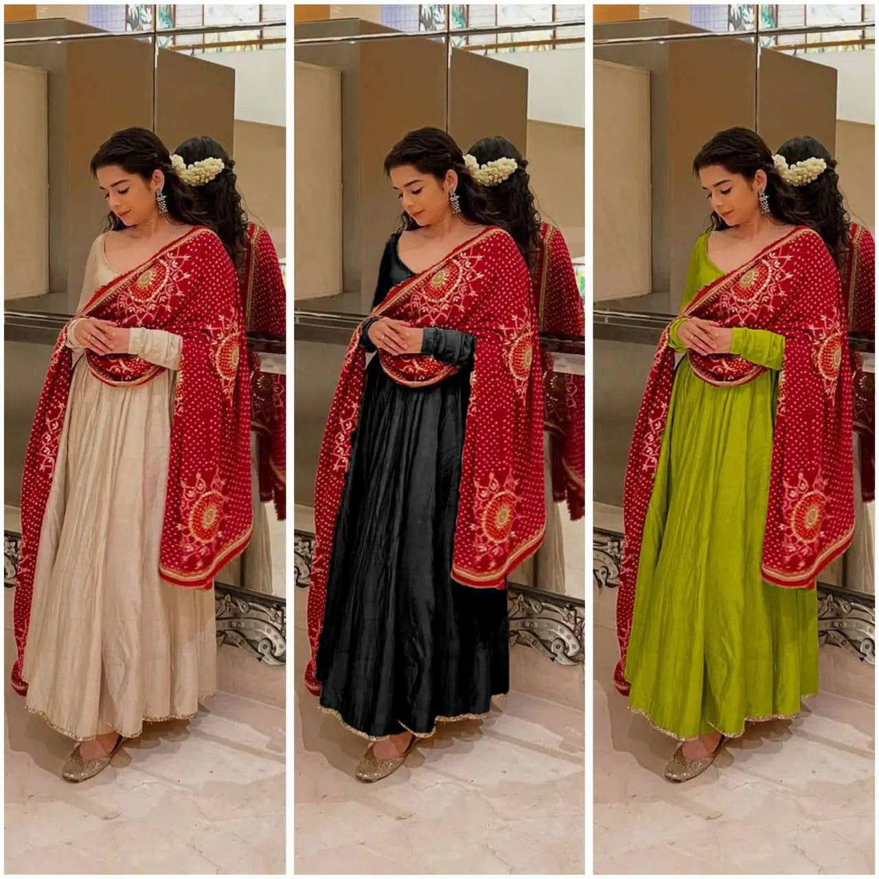 Ivory Chinon Kurti Pant Set with Printed Dupatta