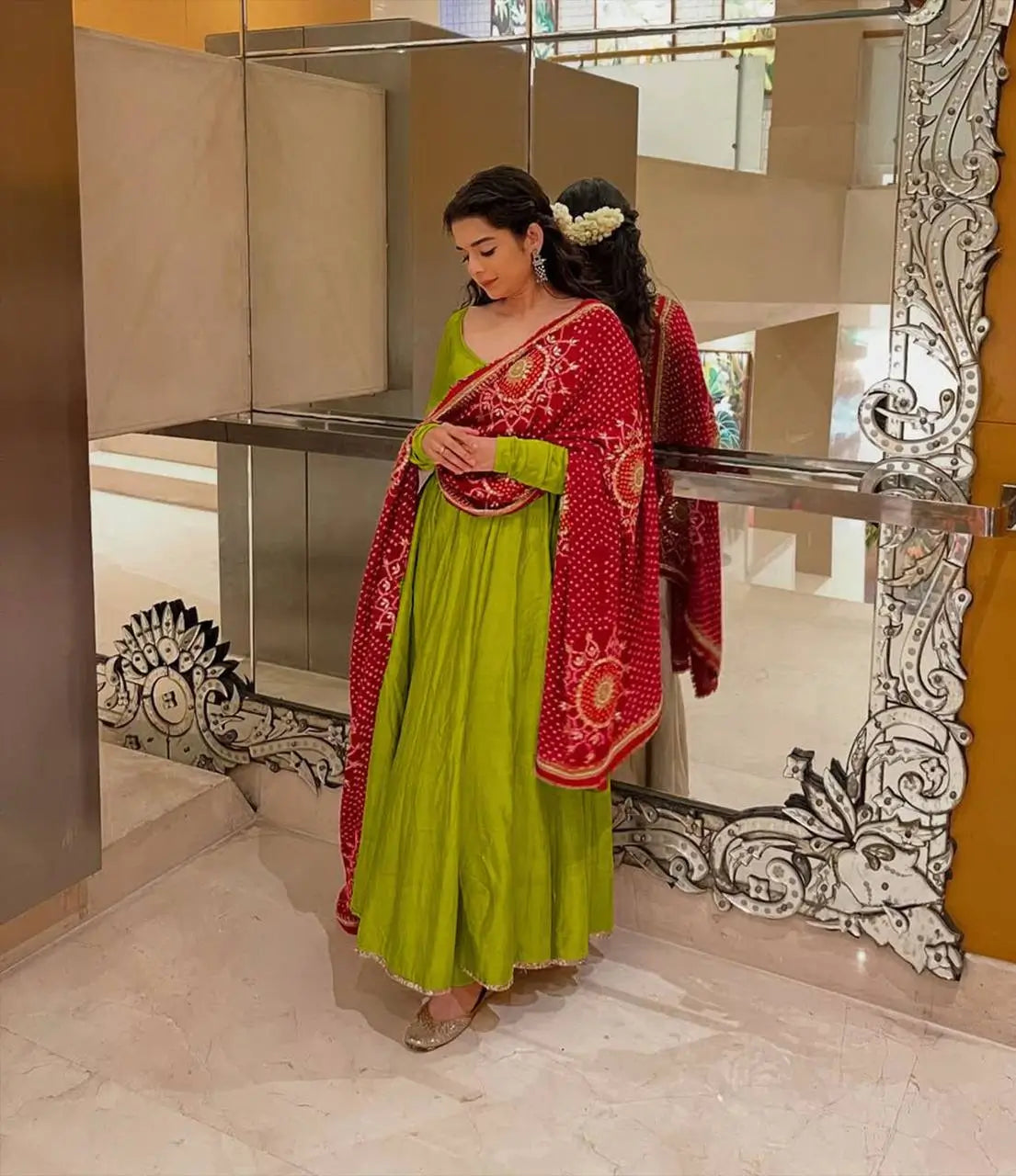 Ivory Chinon Kurti Pant Set with Printed Dupatta