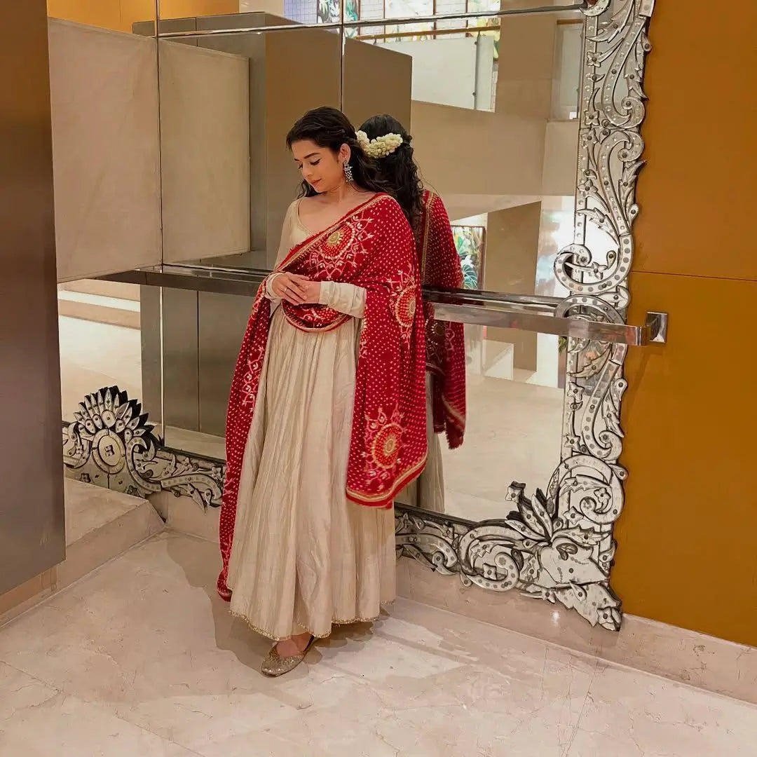 Ivory Chinon Kurti Pant Set with Printed Dupatta